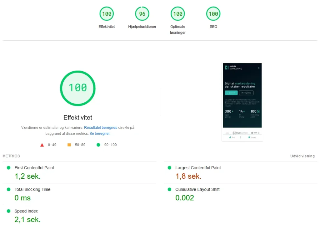 Hastighedsoptimering - Eksempel på en hurtigt side med høj score.