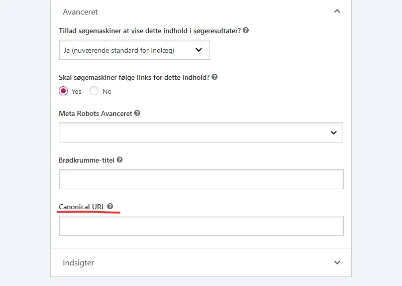 Canonical Tags - Yoast SEO eksempel, wordpress plugin