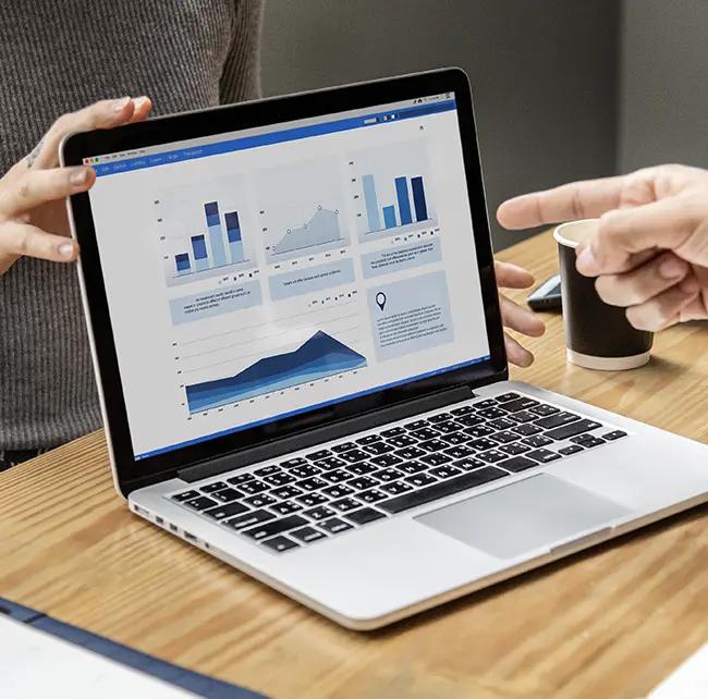 Mand peger på computer med data fra en hjemmeside analyse.