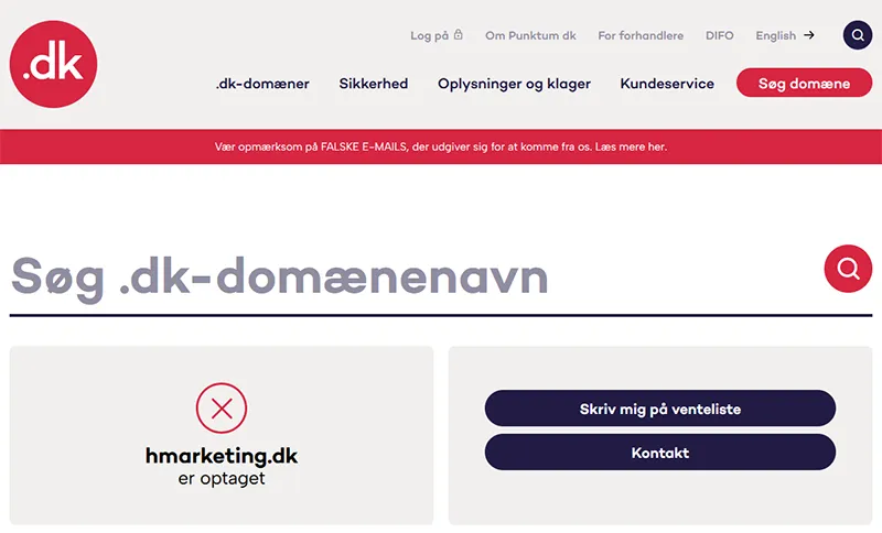 Hvem ejer domæner - eksempel på søgning på punktum.dk