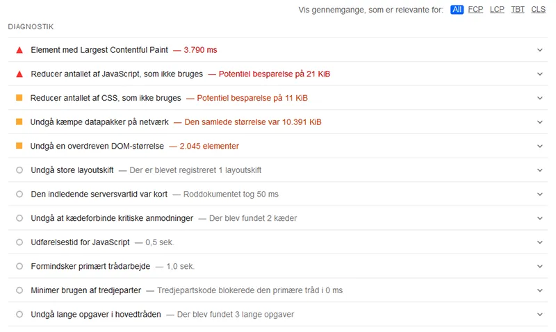 Teknisk SEO Google PageSpeed Insights eksempel