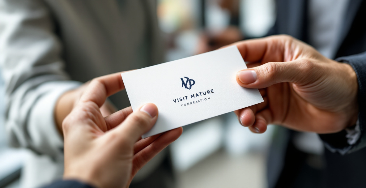 Professionelt visitkort design med logo, navn og kontaktoplysninger på et enkelt, moderne layout