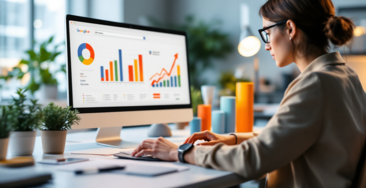 Person analyserer Google Ads-kampagner på computerskærm hos et Google Ads bureau